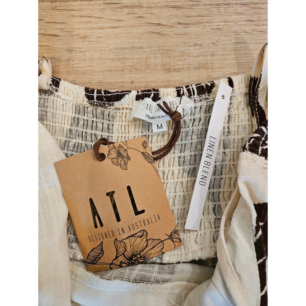 Able The Label Linen Blend Maxi Dress M Brown Cream Leaf Print Beaded NWT Boho - Picture 7 of 8